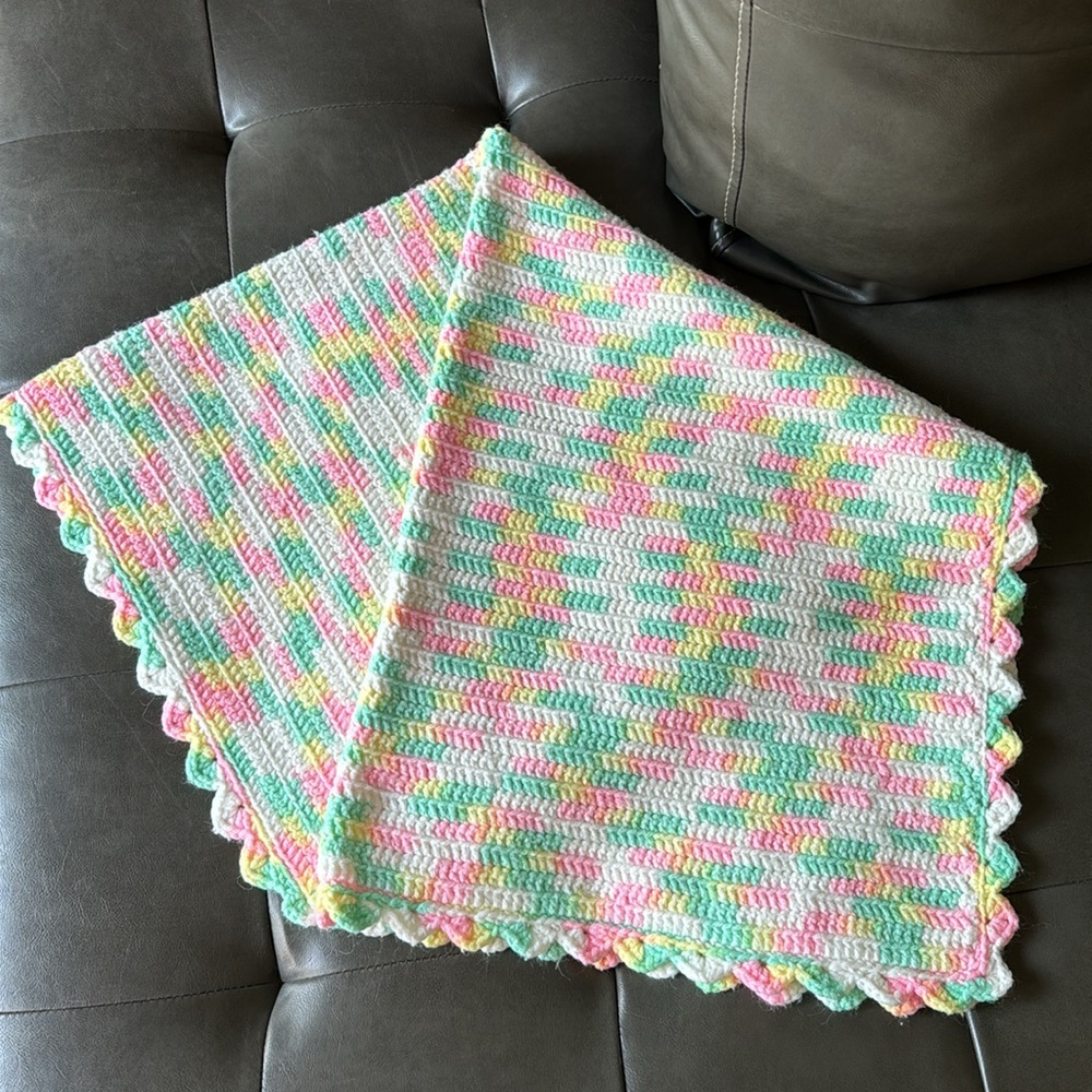Knit Baby Blanket-35x32-White/Pink/Yellow/Green-Gently Used